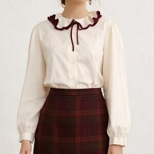 Vintage 1970s Ivory White Burgundy Ruffle Tie Neck Blouse M